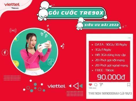 Gói Tre90X Viettel Ưu Đãi Free Tiktok 3Gb/1 Ngày 90k/1 Tháng