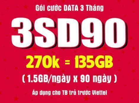 3SD90 Viettel cước phí rẻ ưu đãi lớn 135Gb/ 3 tháng