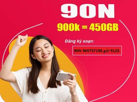 Gói cước 90N Viettel (90 ngày) ưu đãi khủng 450Gb data + miễn phí cước nội ngoại mạng