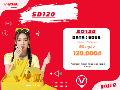 Nhận ngay 60Gb data tốc độ cao truy cập mạng miễn phí  với gói cước SD120 Viettel