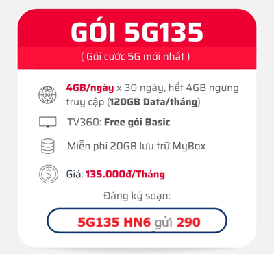 Sử dụng 120GB Data 5G tốc độ cao chỉ từ 135K/ tháng