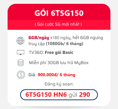 Sử dụng 1080GB Data 5G tốc độ cao với 6T5G150 Viettel