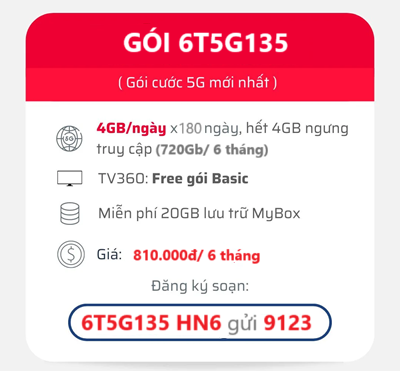 Đăng ky gói cước 6T5G135 Viettel: 720GB data tốc độ cao