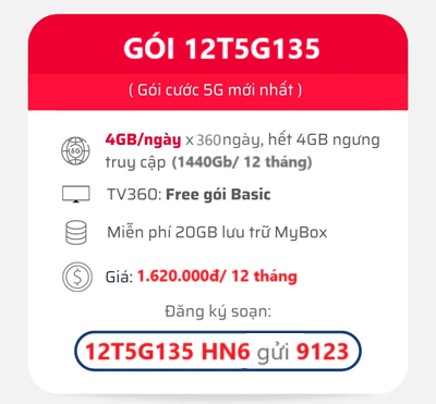 Data 5G 1440GB cho 12 tháng cùng gói cước 12T5G135 Viettel