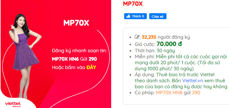 Gói cước Mp70x Viettel