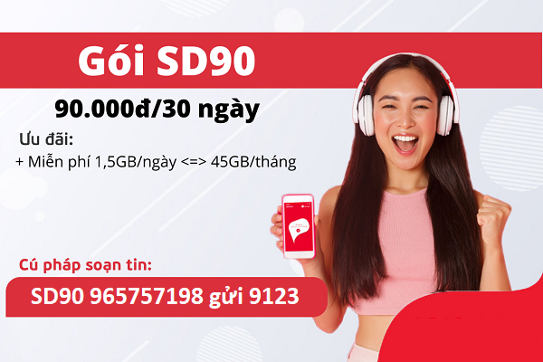 Nhận ngay 45Gb data tốc độ cao truy cập mạng miễn phí  với gói cước SD90 Viettel