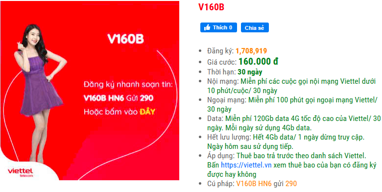 gói cước V160B Viettel
