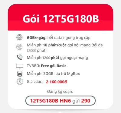 gói cước 12T5G180B Viettel