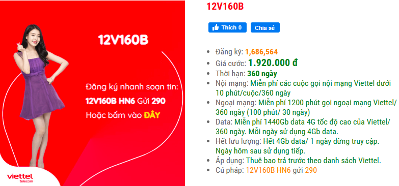 12V160B Viettel 12 tháng
