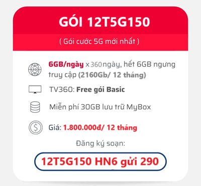 gói cước 12T5G150 Viettel