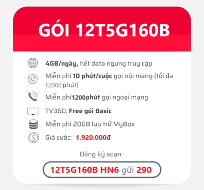 gói cước 12T5G160B Viettel