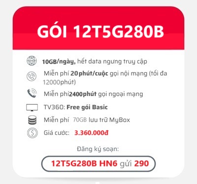 gói cước 12T5G280B Viettel