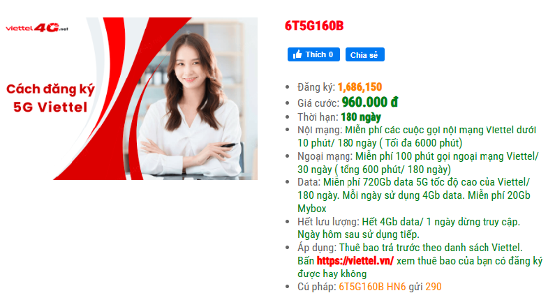 Gói 6T5G160B Viettel