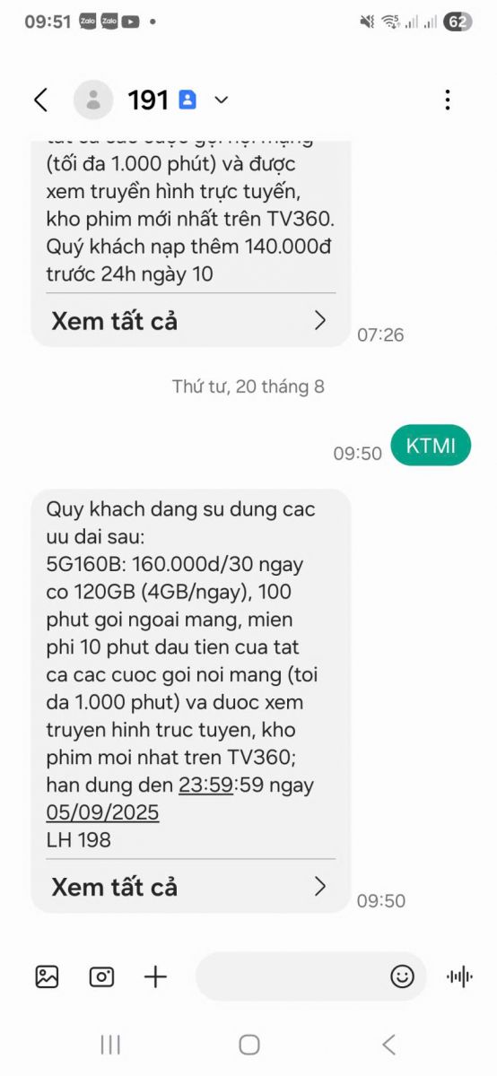 Tin nhắn 191 kiểm tra gói cước