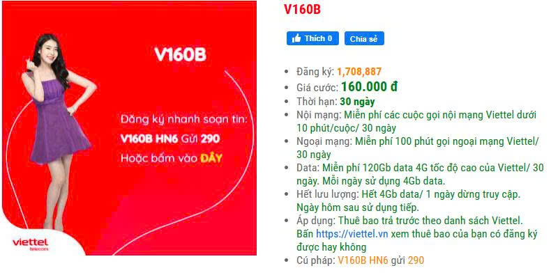 gói cước V160B Viettel mới