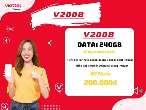 Gọi điện thả ga không lo về giá với gói cước V200B Viettel 200k/ tháng + Free 240Gb data