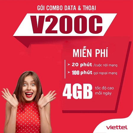 Gọi điện thả ga không lo về giá với gói cước V200C Viettel 200k/ tháng + Free 120Gb data